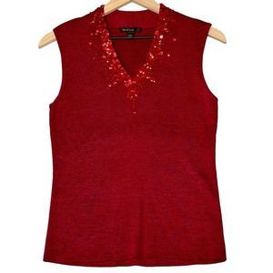 Think Tank 100% Silk Embellished Red Sequin Beaded Sleeveless V-Neck Top Size L​